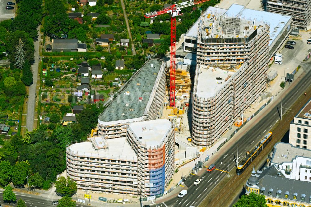 Leipzig from the bird's eye view: Construction site to build a new multi-family residential complex on Prager Strasse corner Johannisallee in the district Zentrum-Suedost in Leipzig in the state Saxony, Germany