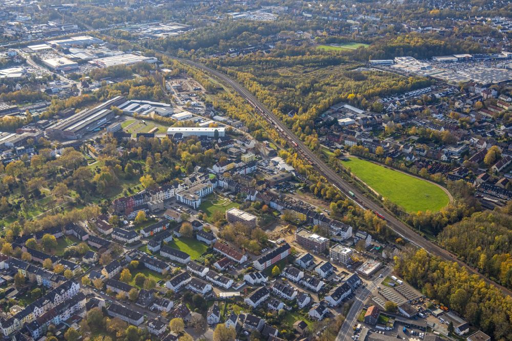 Aerial image Bochum - Construction site to build a new multi-family residential complex of Quartiers Vorm Gruthoff on street Vorm Gruthoff in the district Riemke in Bochum at Ruhrgebiet in the state North Rhine-Westphalia, Germany