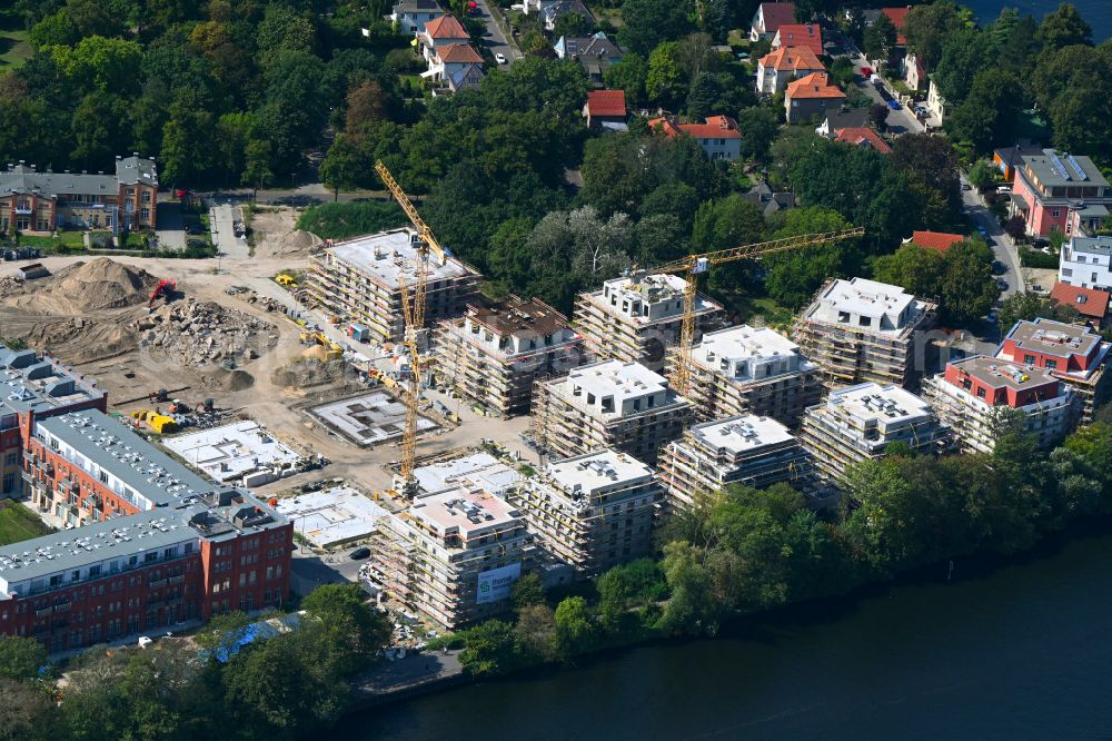 Aerial image Berlin - Construction site to build a new multi-family residential complex SPREEQUARTIER SPINDLERSFELD on street Carl-Spindler-Strasse in the district Koepenick in Berlin, Germany