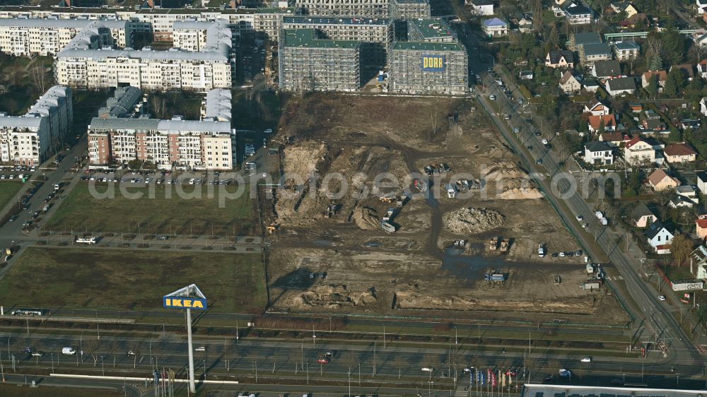 Berlin from above - Construction site to build a new multi-family residential complex Weisse Taube between Ferdinand-Schultze-Strasse, Plauener Strasse and Landsberger Allee in the district Hohenschoenhausen in Berlin, Germany