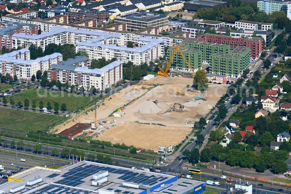 Berlin from above - Construction site to build a new multi-family residential complex Weisse Taube between Ferdinand-Schultze-Strasse, Plauener Strasse and Landsberger Allee in the district Hohenschoenhausen in Berlin, Germany