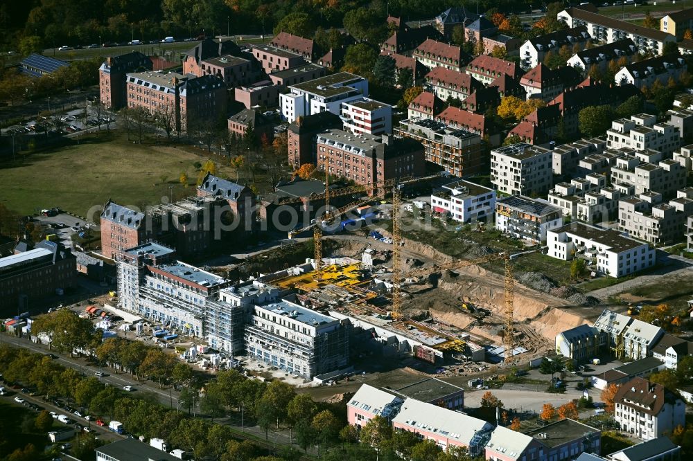Mannheim from the bird's eye view: Construction site to build a new multi-family residential complex Marianne-Cohn-Strasse - Fritz-Salm-Strasse - Friedrich-Ebert-Strasse in the district Neckarstadt-Ost in Mannheim in the state Baden-Wuerttemberg, Germany