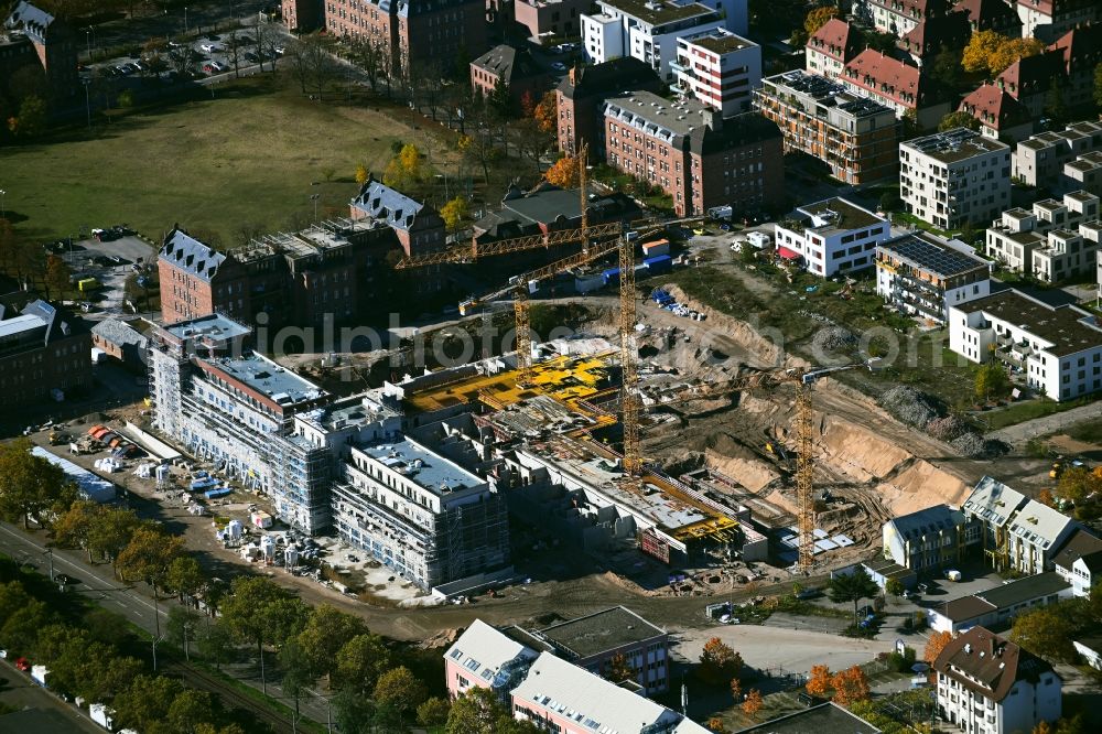 Aerial image Mannheim - Construction site to build a new multi-family residential complex Marianne-Cohn-Strasse - Fritz-Salm-Strasse - Friedrich-Ebert-Strasse in the district Neckarstadt-Ost in Mannheim in the state Baden-Wuerttemberg, Germany