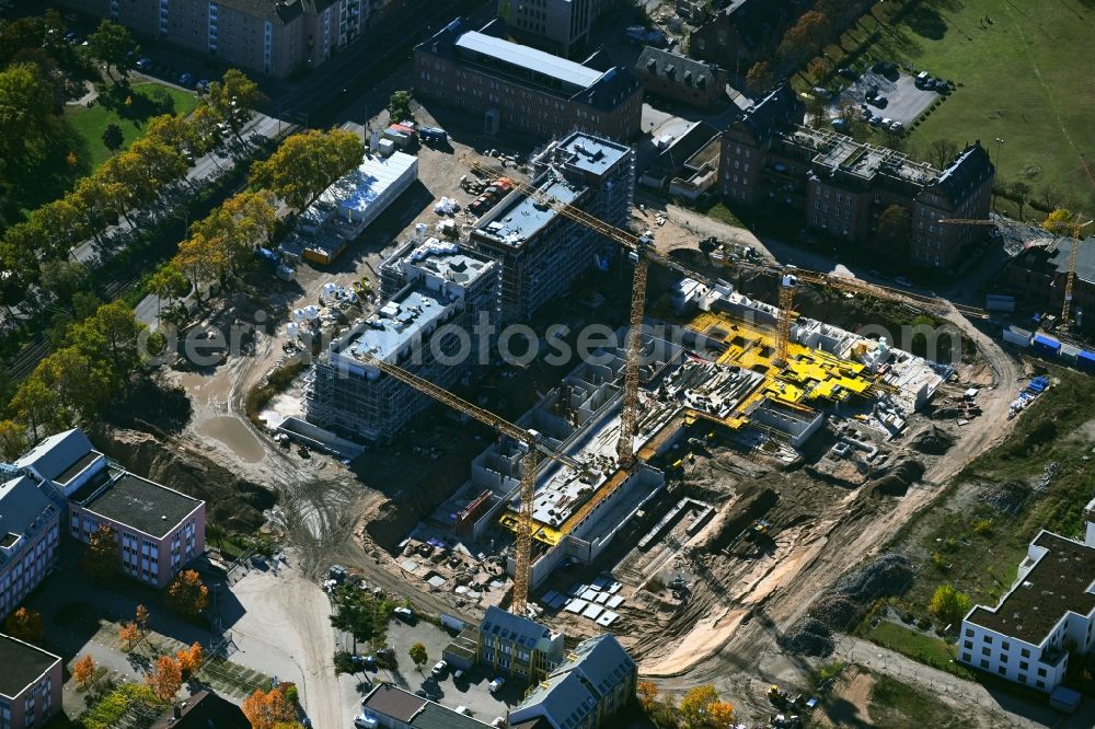 Mannheim from above - Construction site to build a new multi-family residential complex Marianne-Cohn-Strasse - Fritz-Salm-Strasse - Friedrich-Ebert-Strasse in the district Neckarstadt-Ost in Mannheim in the state Baden-Wuerttemberg, Germany