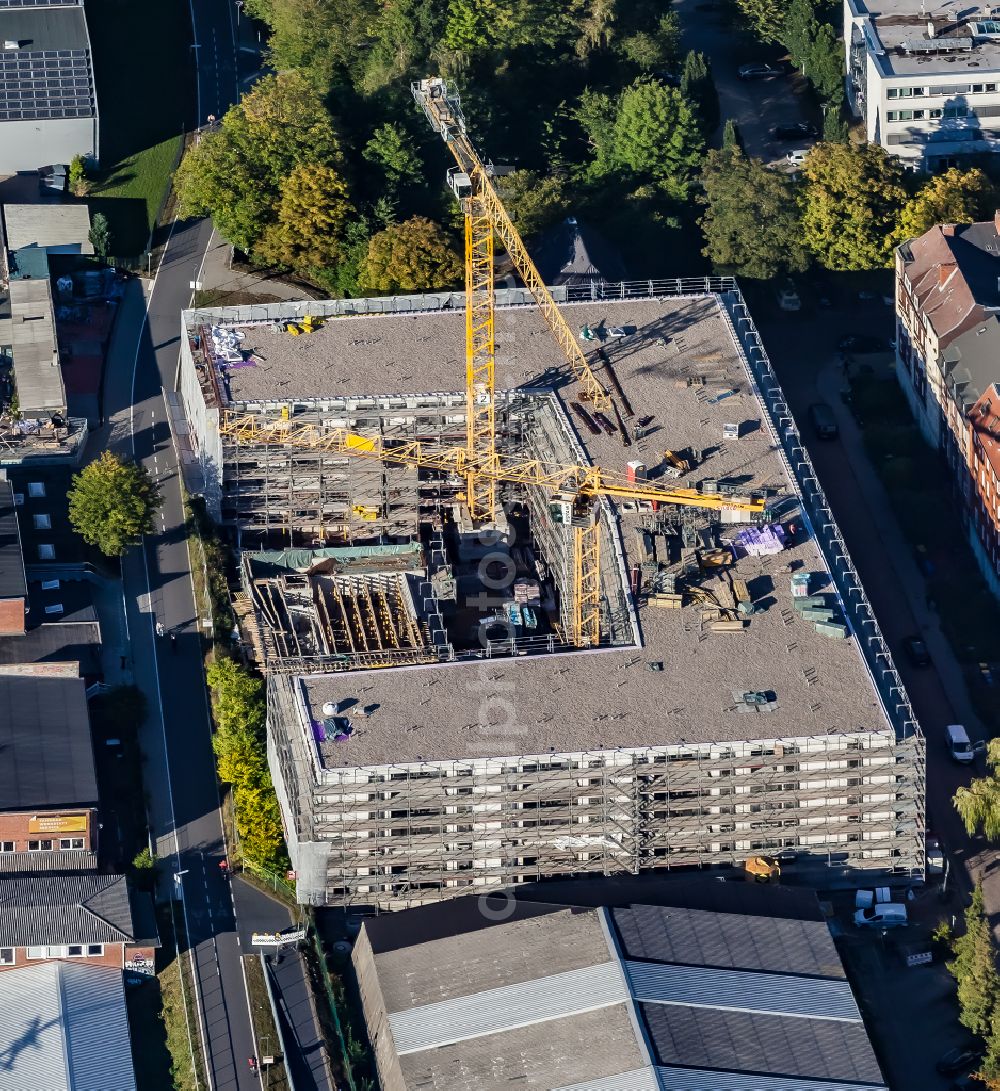 Kiel from above - Construction site for a new micro apartment complex Lieblingsplatz on VELO 10 on street Christian-Kruse-Strasse in the district Ravensberg in Kiel in the state Schleswig-Holstein, Germany