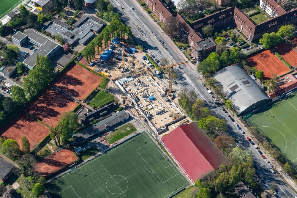 Hamburg from above - Construction site for the new construction of a multifunctional sports club center of the ETV Hamburg on Lokstedter Steindamm in the district Lokstedt in Hamburg, Germany