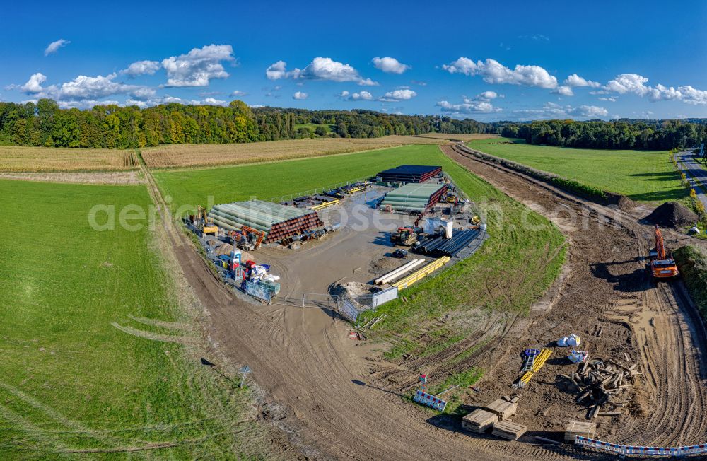 Hummelsheim from above - New construction of an underground gas pipeline in the interconnected network for the transport of natural gas in the pipeline in Hummelsheim in the state North Rhine-Westphalia, Germany