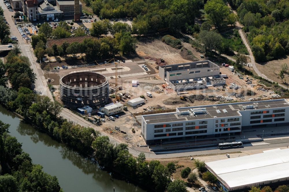 Aerial photograph Halle (Saale) - New construction of the planetarium building in the old gasometer at place Holzplatz in the district Saaleaue in Halle (Saale) in the state Saxony-Anhalt, Germany