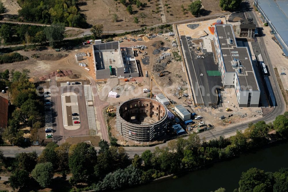 Aerial image Halle (Saale) - New construction of the planetarium building in the old gasometer at place Holzplatz in the district Saaleaue in Halle (Saale) in the state Saxony-Anhalt, Germany