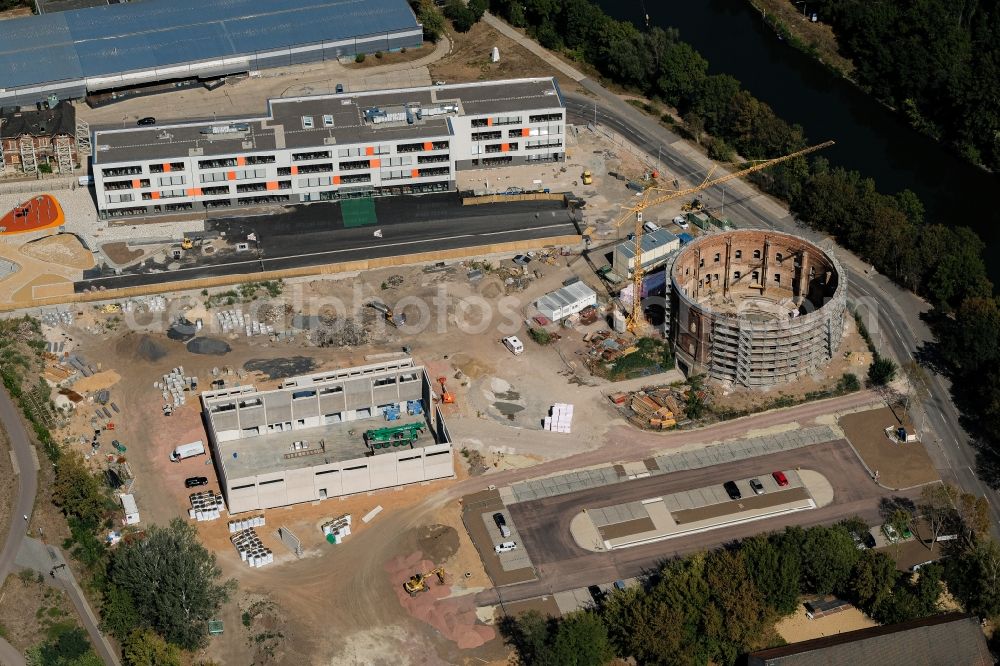 Halle (Saale) from above - New construction of the planetarium building in the old gasometer at place Holzplatz in the district Saaleaue in Halle (Saale) in the state Saxony-Anhalt, Germany