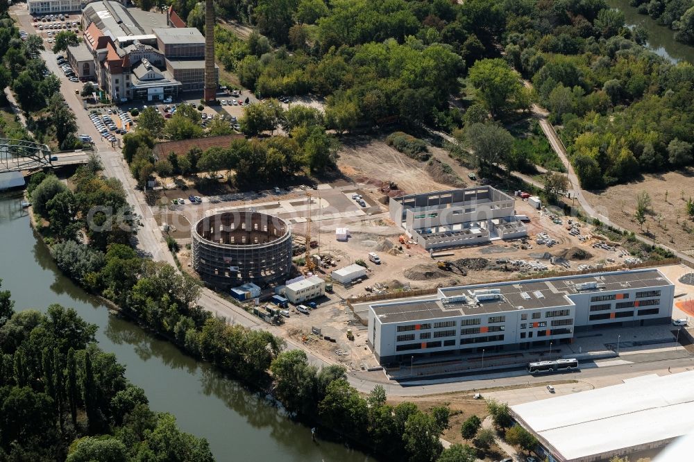Halle (Saale) from the bird's eye view: New construction of the planetarium building in the old gasometer at place Holzplatz in the district Saaleaue in Halle (Saale) in the state Saxony-Anhalt, Germany