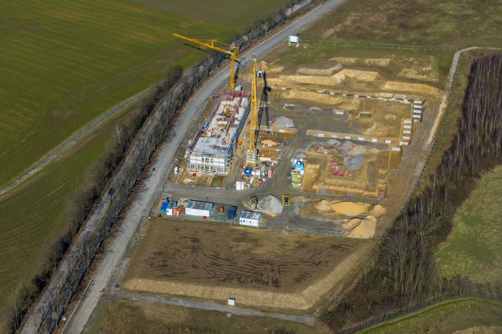 Aerial image Heiligenhaus - New construction of a production and office building for the company R+M de Wit GmbH in the Heiligenhausen Innovation Park in Heiligenhaus at Ruhrgebiet in the state North Rhine-Westphalia, Germany