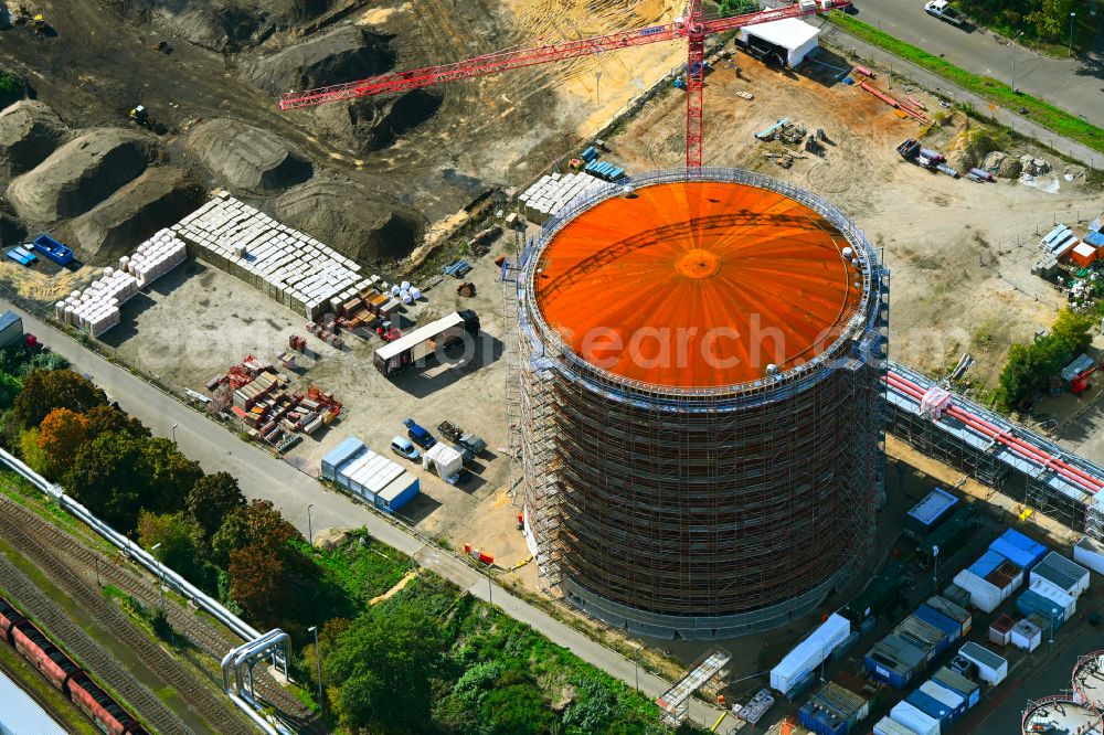 Aerial photograph Berlin - Construction site for the new construction of a retention basin and water storage tank - heat storage tank on the premises of the Reuter West combined heat and power plant in the district of Siemensstadt in the district Siemensstadt in Berlin, Germany
