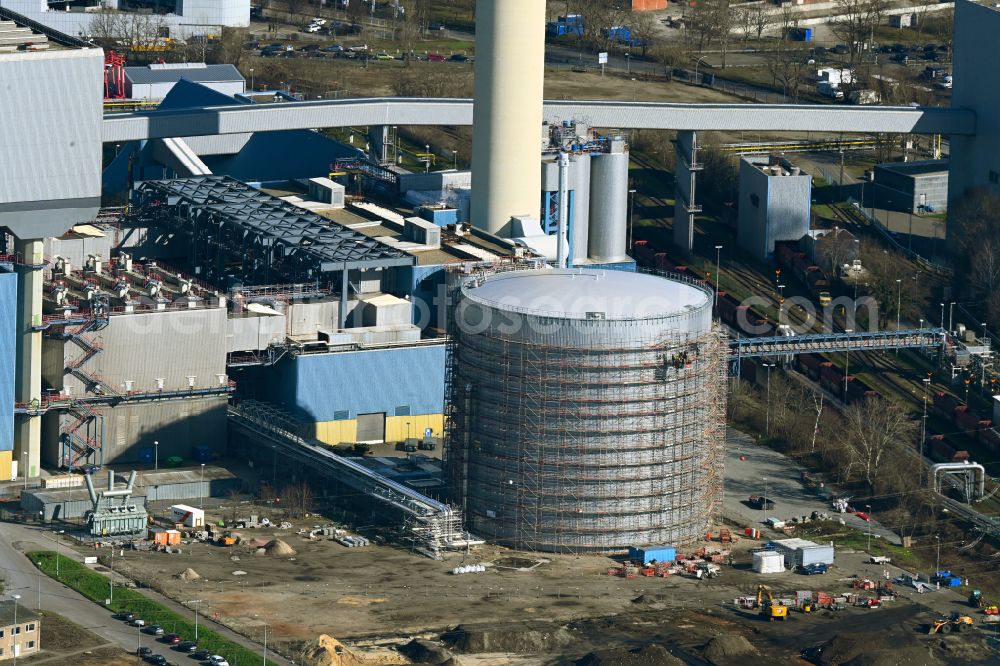 Berlin from above - Construction site for the new construction of a retention basin and water storage tank - heat storage tank on the premises of the Reuter West combined heat and power plant in the district of Siemensstadt in the district Siemensstadt in Berlin, Germany