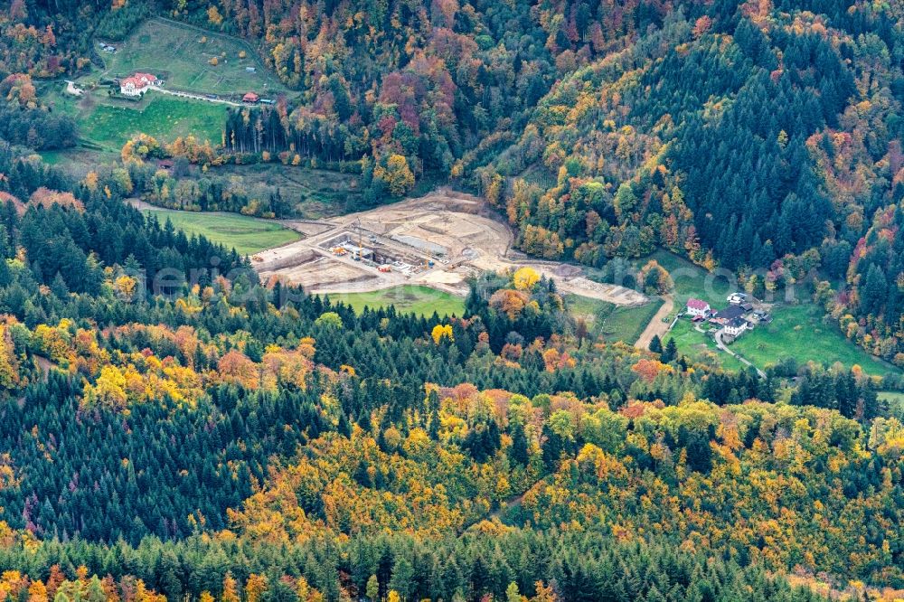 Horben from the bird's eye view: Construction site for the new construction of the retention basin and water storage Bohrertal Guenterstal in Horben in the state Baden-Wuerttemberg, Germany