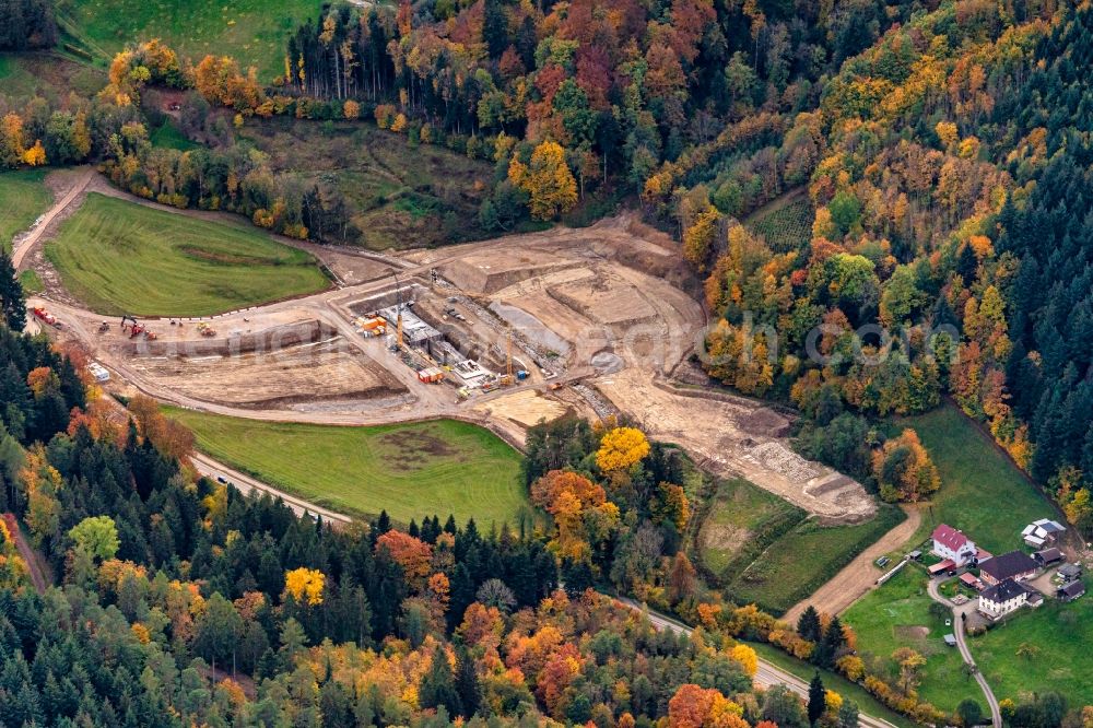 Aerial image Horben - Construction site for the new construction of the retention basin and water storage Bohrertal Guenterstal in Horben in the state Baden-Wuerttemberg, Germany
