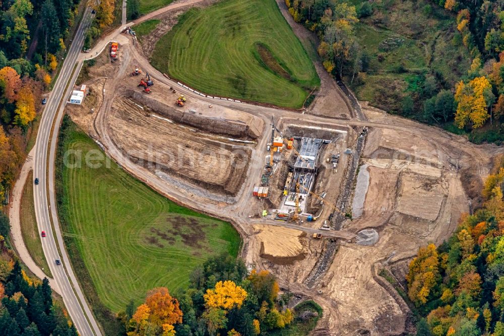 Horben from above - Construction site for the new construction of the retention basin and water storage Bohrertal Guenterstal in Horben in the state Baden-Wuerttemberg, Germany