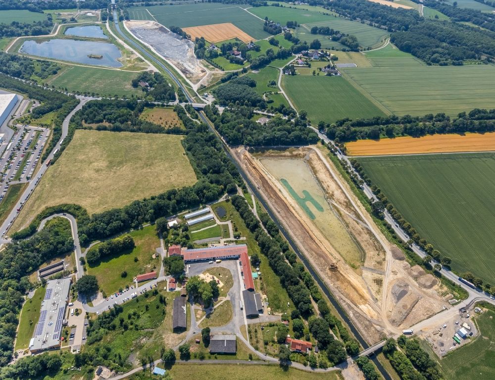 Dortmund from above - Construction site for the new construction of the retention basin and water storage in the district Niedernette in Dortmund in the state North Rhine-Westphalia, Germany
