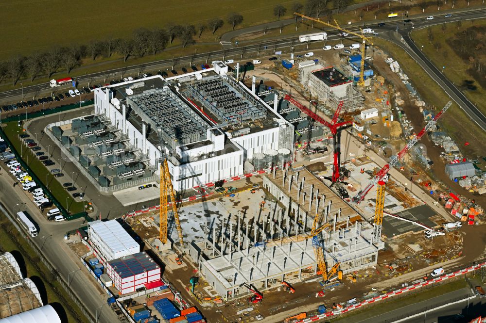 Aerial image Mittenwalde - Construction site of data center building and online data processing hub on street Dahmestrasse in Mittenwalde in the state Brandenburg, Germany