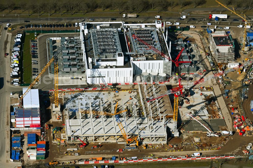 Mittenwalde from the bird's eye view: Construction site of data center building and online data processing hub on street Dahmestrasse in Mittenwalde in the state Brandenburg, Germany