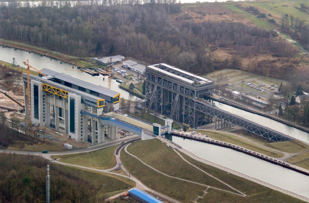 Aerial image Niederfinow - Construction of the Niederfinow ship lift on the Finow Canal in the state of Brandenburg