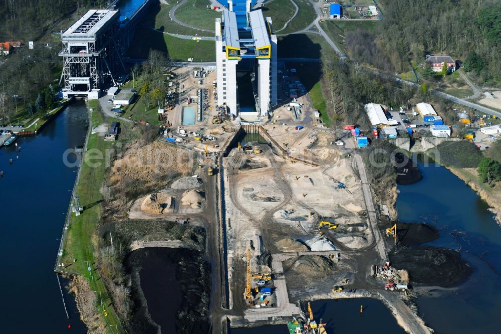 Niederfinow from above - Construction of the Niederfinow ship lift on the Finow Canal in the state of Brandenburg