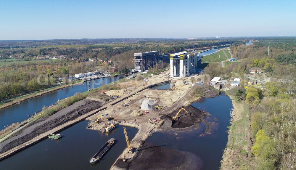Niederfinow from above - Construction of the Niederfinow ship lift on the Finow Canal in the state of Brandenburg