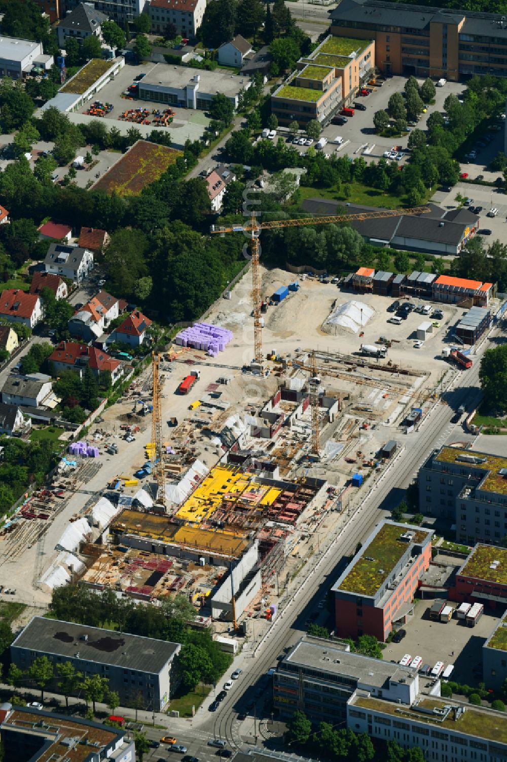 München from above - Construction site of School building of the Marieluise-Fleisser-Realschule on street Aschauer Strasse in the district Ramersdorf-Perlach in Munich in the state Bavaria, Germany