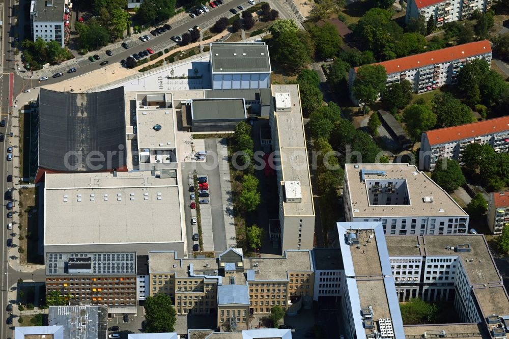 Aerial photograph Dresden - New construction for the reconstruction of Schwimmsportkomplex Freiberger Platz along the Maternistrasse and Freiberger Strasse in Dresden in the state Saxony, Germany