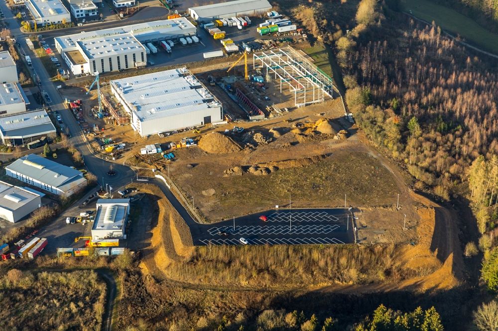 Attendorn from the bird's eye view: New construction of the forwarding building of the logistics and transport company Kost Spedition GmbH & Co. KG in the district Ennest in Attendorn in the state North Rhine-Westphalia, Germany