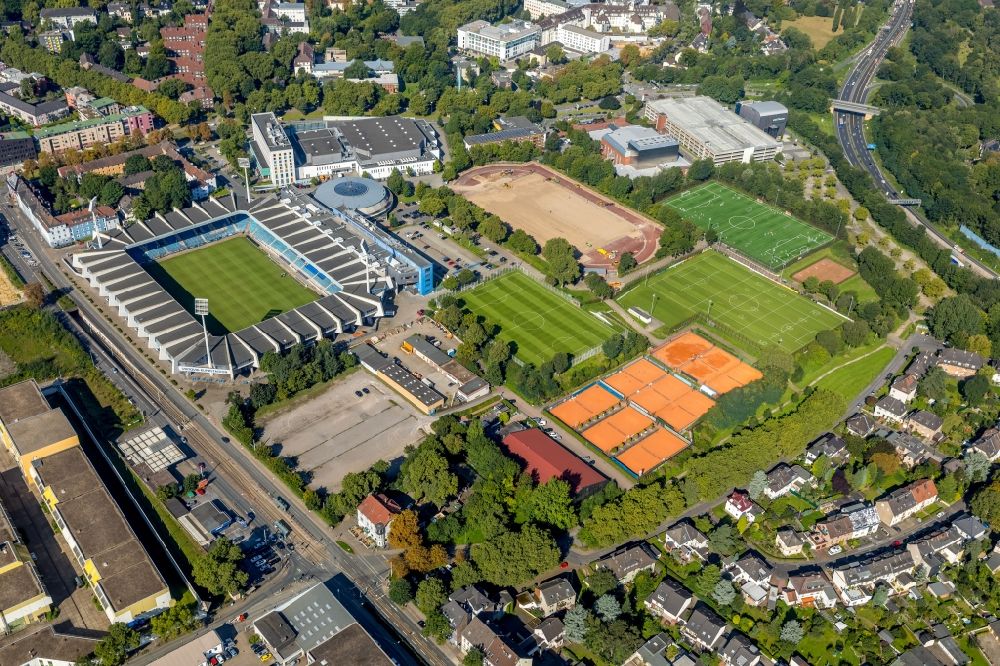 Bochum from above - Construction of new Ensemble of sport ground on the site of VfL Bochum 1848 Fussballgemeinschaft e. V. Am Stadion in Bochum in the state North Rhine-Westphalia, Germany