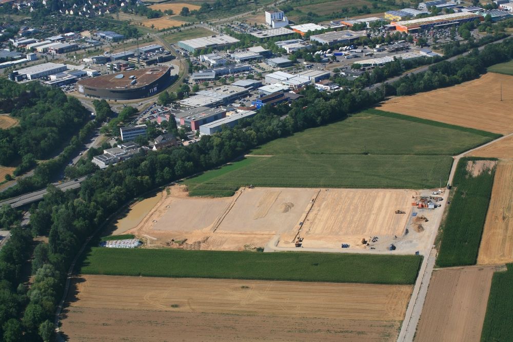 Binzen from above - Construction of new esemble of sports grounds in Binzen in the state Baden-Wurttemberg, Germany