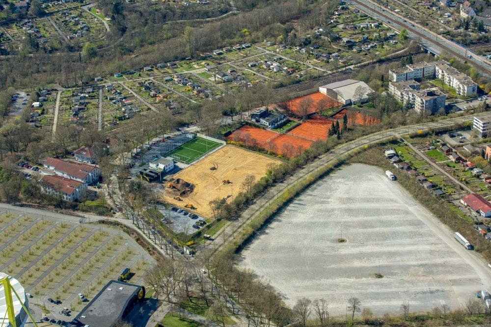 Dortmund from the bird's eye view: Construction of new Ensemble of sports grounds of BVB Evonik Fussballakademie on Strobelallee in Dortmund in the state North Rhine-Westphalia, Germany