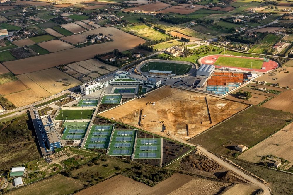 Manacor from above - Construction of new Ensemble of sports grounds Rafa Nadal Academy by Movistar in Manacor in Balearische Insel Mallorca, Spain