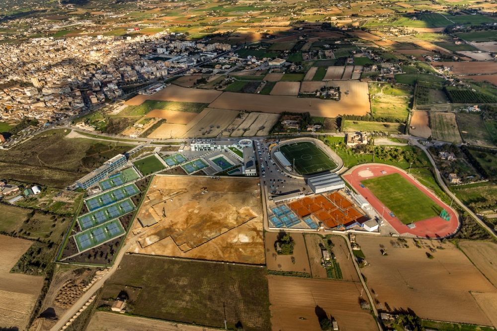 Manacor from the bird's eye view: Construction of new Ensemble of sports grounds Rafa Nadal Academy by Movistar in Manacor in Balearische Insel Mallorca, Spain
