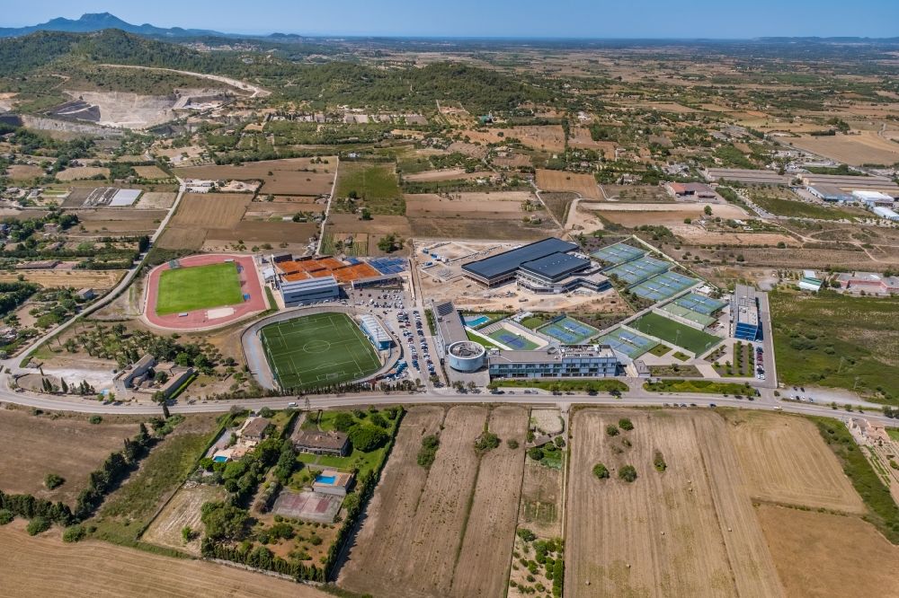 Aerial image Manacor - Construction of new Ensemble of sports grounds Rafa Nadal Academy by Movistar in Manacor in Balearische Insel Mallorca, Spain