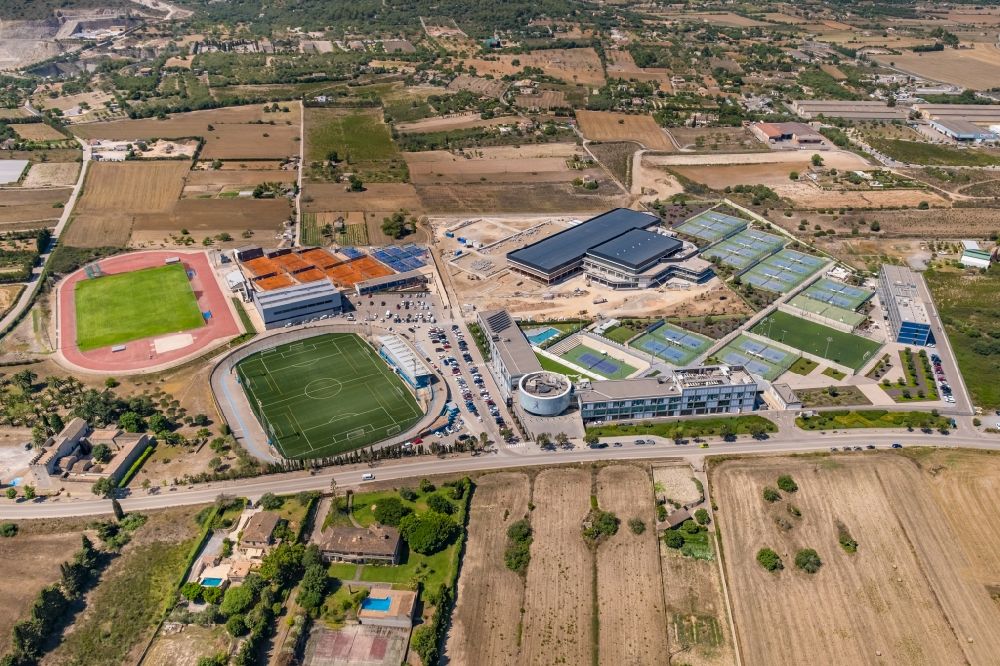 Aerial photograph Manacor - Construction of new Ensemble of sports grounds Rafa Nadal Academy by Movistar in Manacor in Balearische Insel Mallorca, Spain