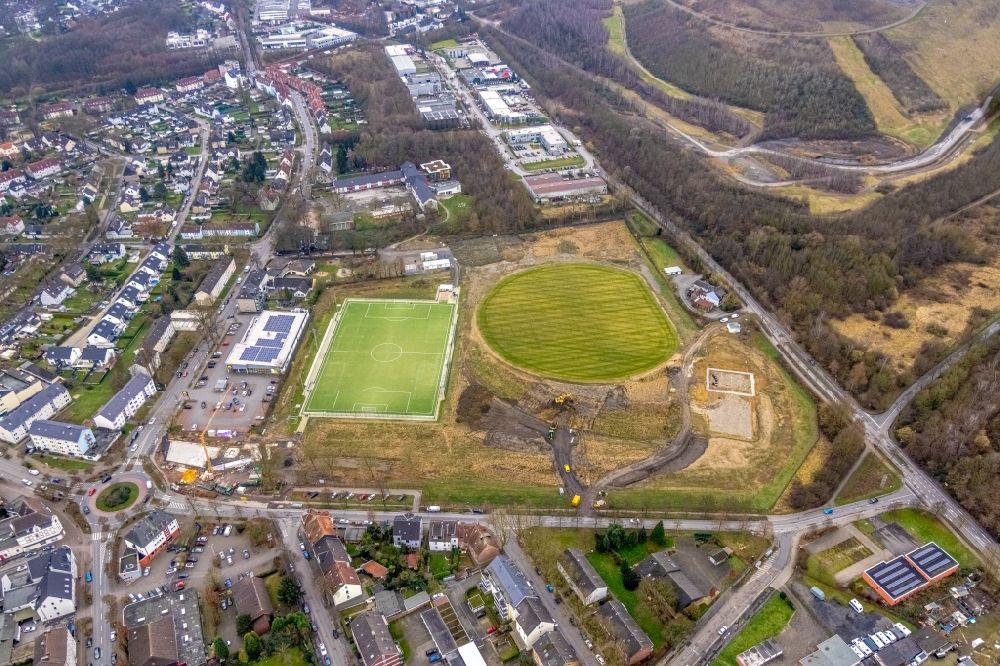 Gladbeck from the bird's eye view: Construction of new Ensemble of sports grounds des Sportpark Mottbruch between Rossheidestrasse - Bruesseler Strasse - Welheimer Strasse in Gladbeck at Ruhrgebiet in the state North Rhine-Westphalia, Germany
