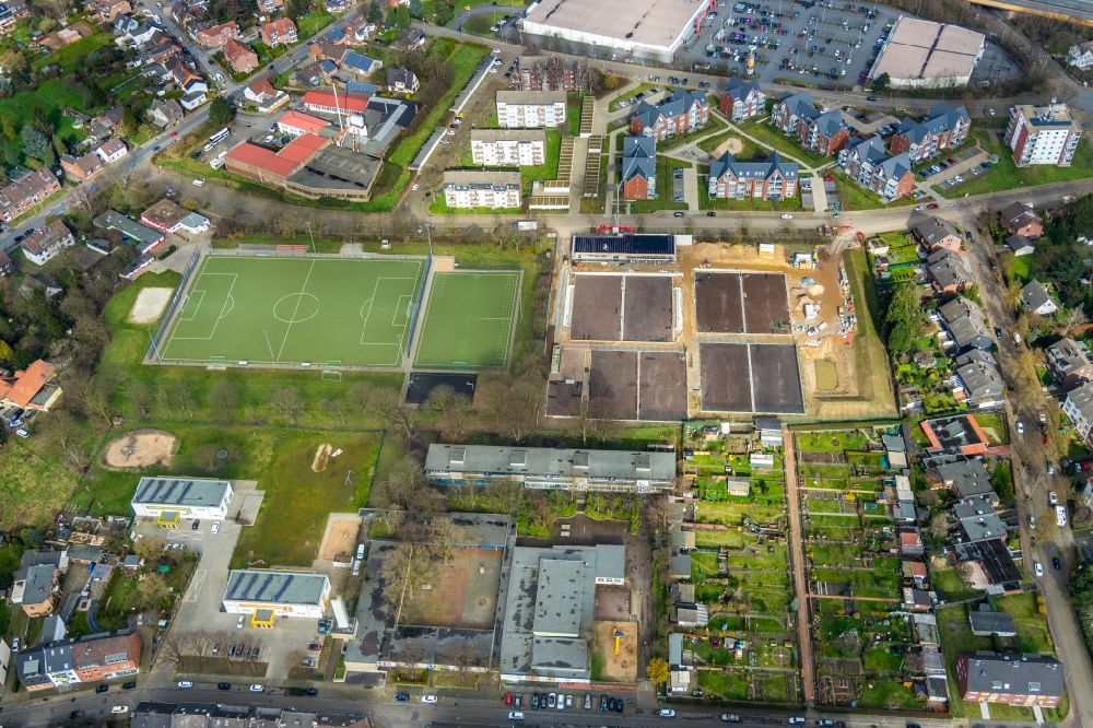 Oberhausen from above - Construction of new Ensemble of sports grounds between Dachsstrasse - Waidmannsweg - Foersterstrasse in the district Sterkrade-Nord in Oberhausen in the state North Rhine-Westphalia, Germany