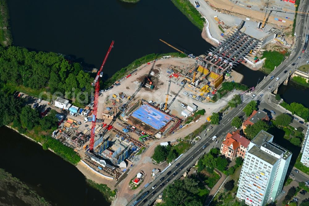 Magdeburg from above - New construction of the motorway route of Ersatzneubau Strombrueckenzug in the district Werder in Magdeburg in the state Saxony-Anhalt, Germany