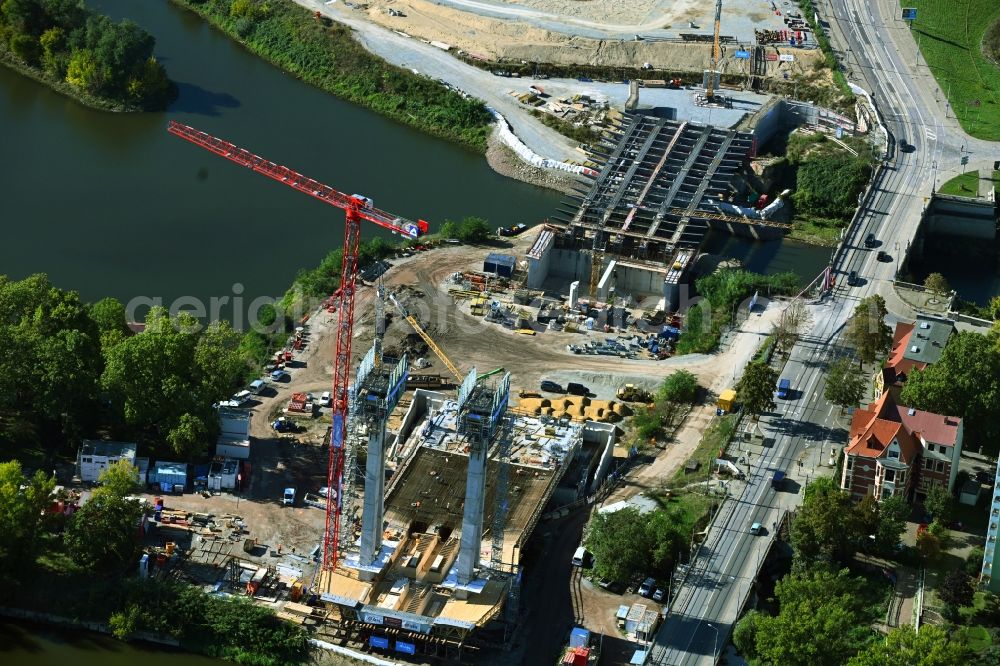 Magdeburg from above - New construction of the motorway route of Ersatzneubau Strombrueckenzug in the district Werder in Magdeburg in the state Saxony-Anhalt, Germany