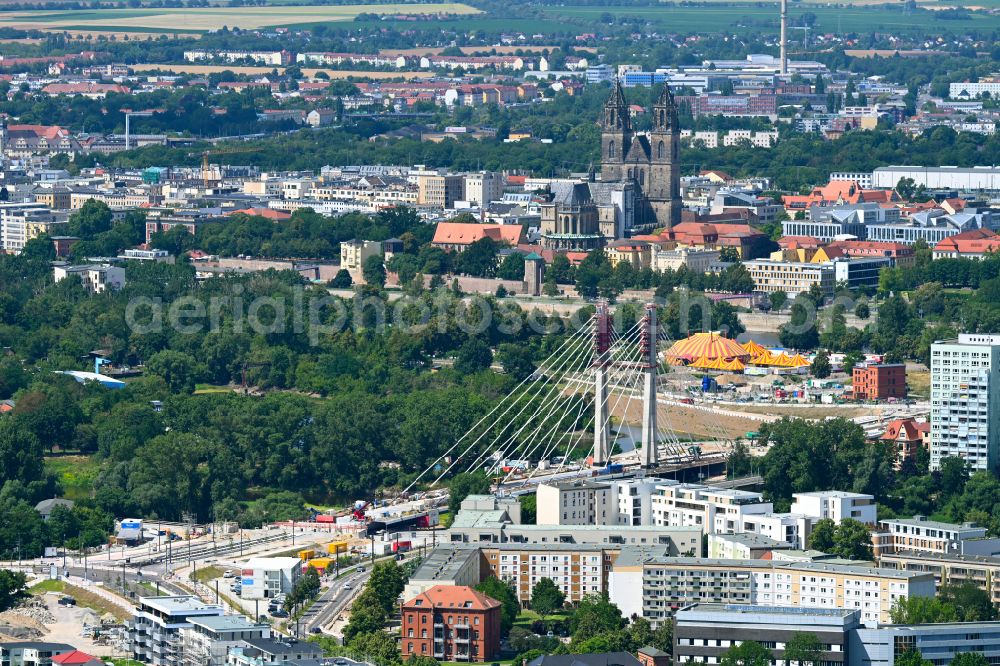 Magdeburg from above - Construction site for the new construction of the road bridges - route and routing of the replacement power bridge train as a pylon bridge named Kaiser-Otto-Bridge and Queen-Editha-Bridge over the Zollelbe and the Alte Elbe on the Mittelstrasse in the district Werder in Magdeburg in the state Saxony- Anhalt, Germany