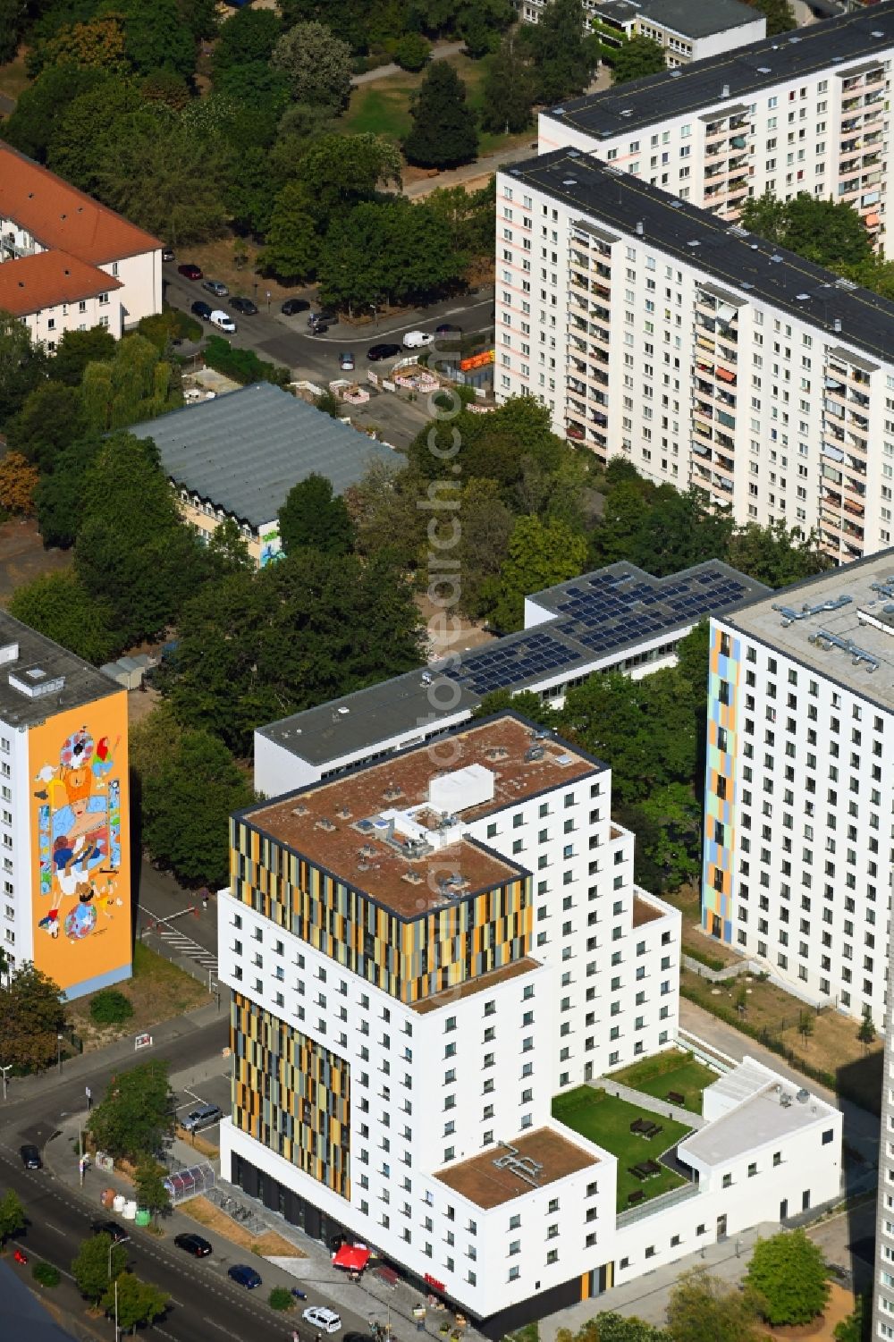Aerial image Berlin - Student dorm House of Nations on Storkower Strasse corner Alfred-Jung-Strasse in the district Lichtenberg in Berlin, Germany