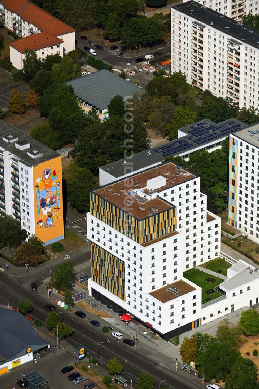 Aerial photograph Berlin - Student dorm House of Nations on Storkower Strasse corner Alfred-Jung-Strasse in the district Lichtenberg in Berlin, Germany