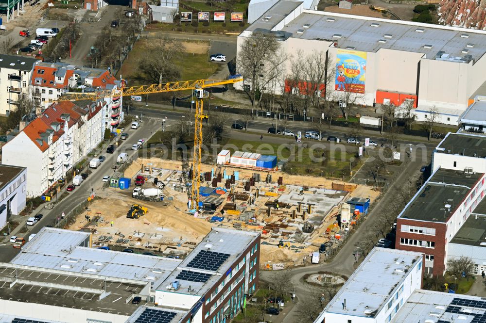Potsdam from the bird's eye view: Construction site of a student dorm Hotel & Apartments on Ahornplatz on street Ahornstrasse - Grossbeerenstrasse in the district Babelsberg Sued in Potsdam in the state Brandenburg, Germany