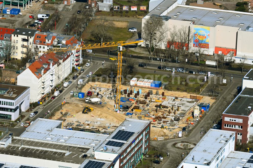 Aerial image Potsdam - Construction site of a student dorm Hotel & Apartments on Ahornplatz on street Ahornstrasse - Grossbeerenstrasse in the district Babelsberg Sued in Potsdam in the state Brandenburg, Germany