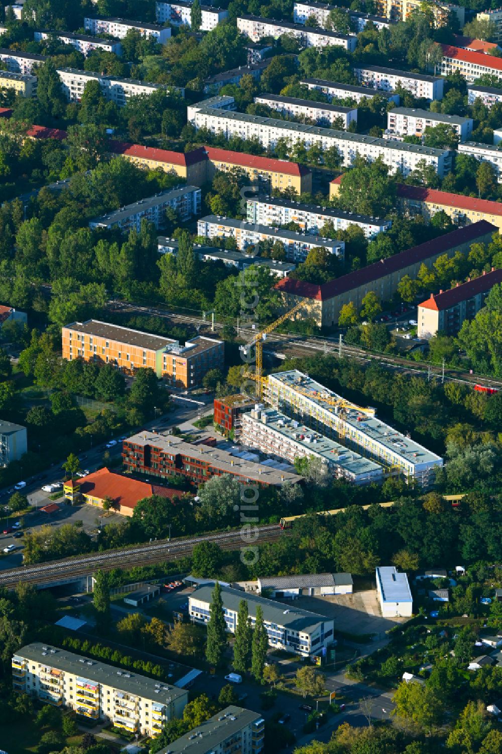 Berlin from above - Construction site of a student dorm Studierendendorf EBA51 on street Eichbuschallee in the district Plaenterwald in Berlin, Germany