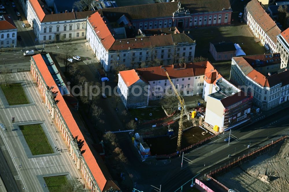 Potsdam from above - Construction site of synagogue building - new building of the Jewish community Friedrich-Ebert-Strasse corner Schlossstrasse in the district Noerdliche Innenstadt in Potsdam in the state Brandenburg, Germany