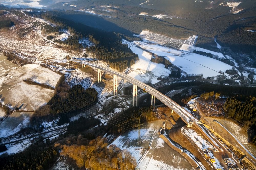 Aerial photograph Bestwig - Viaduct Nuttlar under construction overlooking the municipality Bestwig in North Rhine-Westphalia