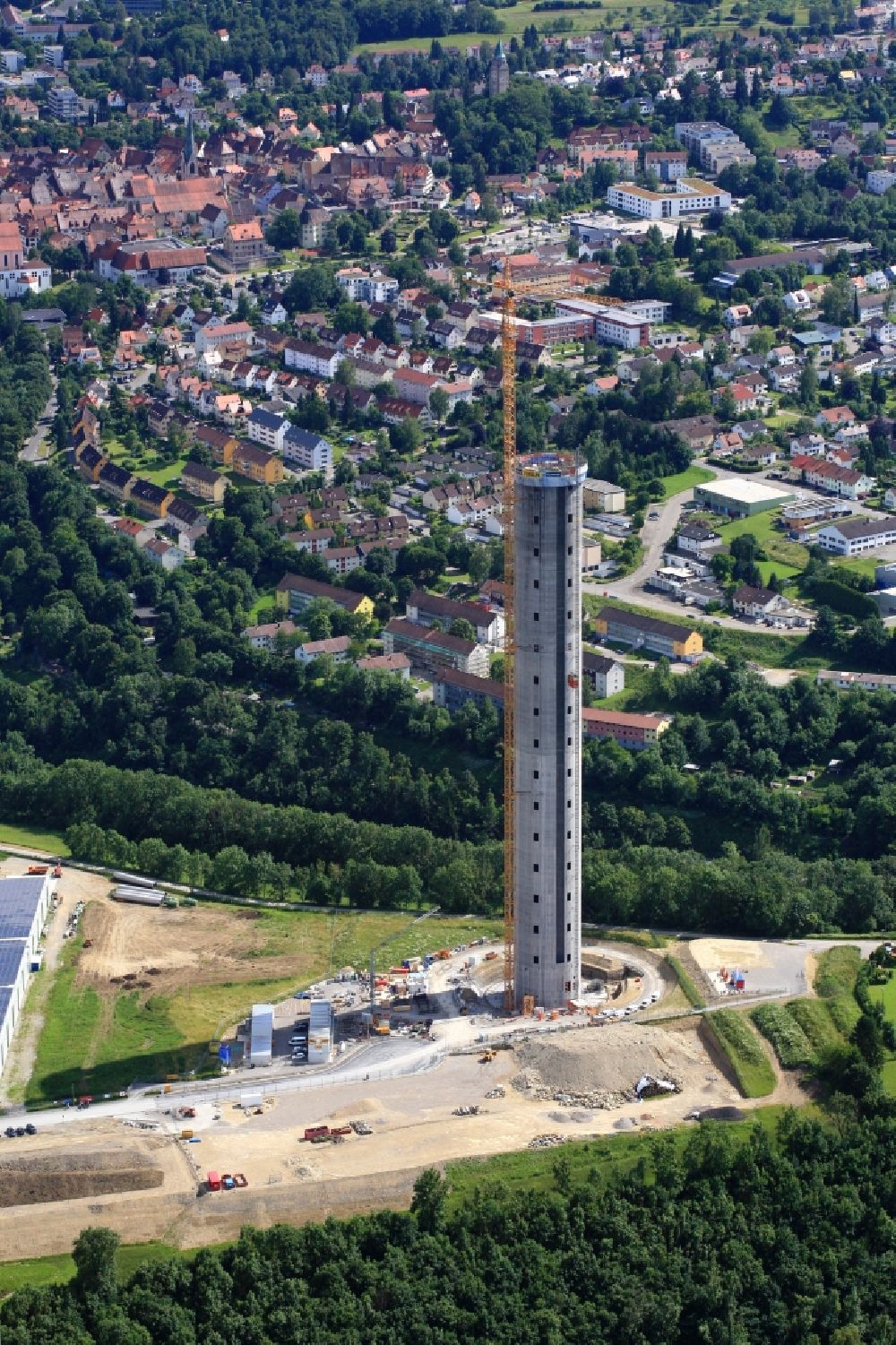 Rottweil from above - Construction and construction site of the ThyssenKrupp testing tower for Speed elevators in Rottweil in Baden - Wuerttemberg. When finished the new landmark of the town of Rottweil will be the tallest structure in Baden-Wuerttemberg